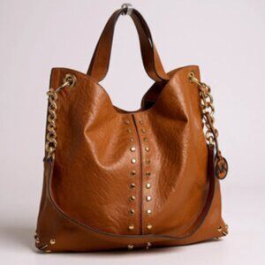 MICHAEL KORS AUTHENTICATED Large Studded Leather Hobo Bag Cognac Gold Hardware